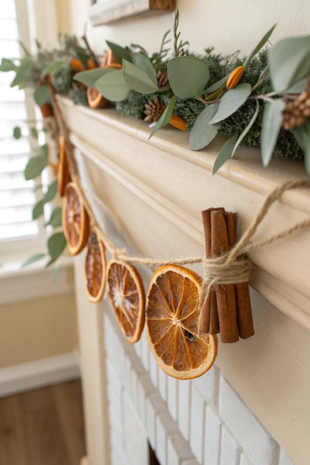 Dried orange slices and twine-tied cinnamon bundles bring warm, natural charm to your mantel.