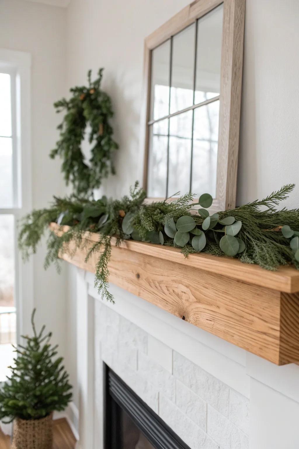 Faux garland base + fresh clippings for a luxe-looking mantel that stays simple and effortless.