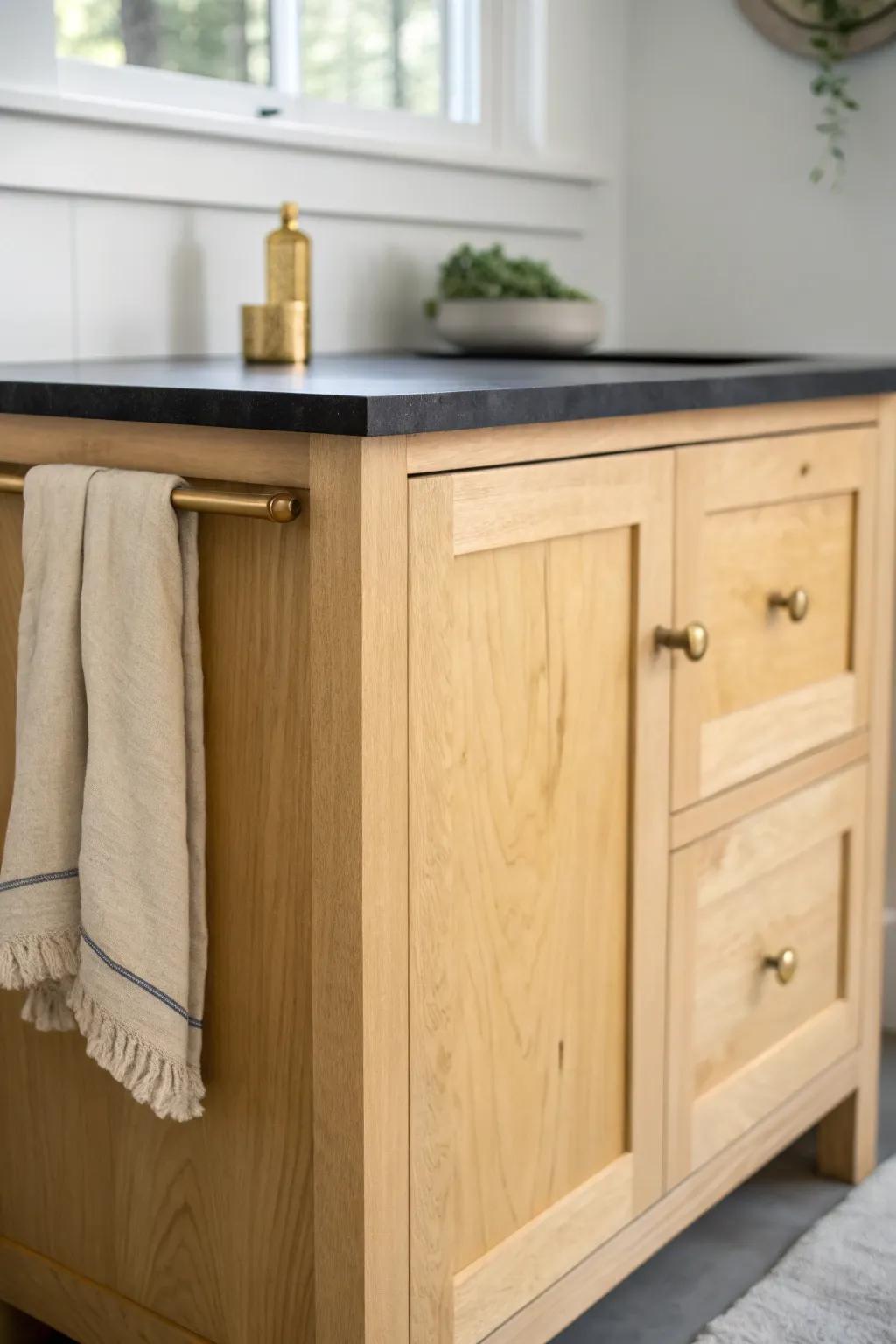 Warm white walls + matte black counters keep maple cabinets fresh, rich, never yellow.