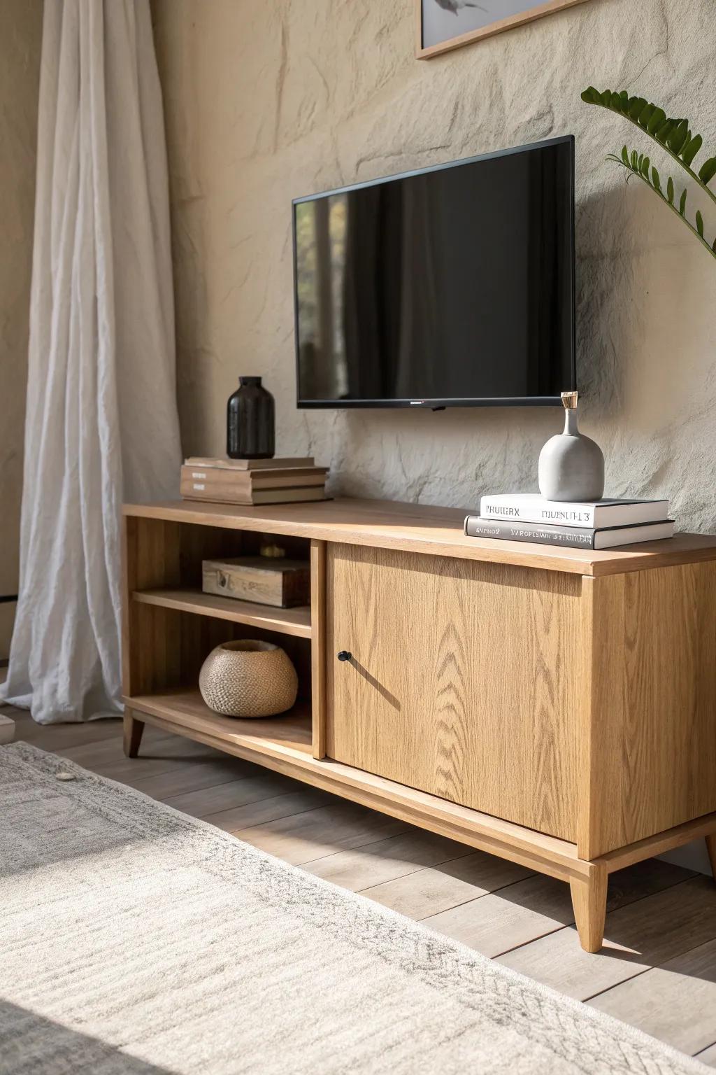 Closed base, shallow open shelves—curated books and pottery without cord clutter.