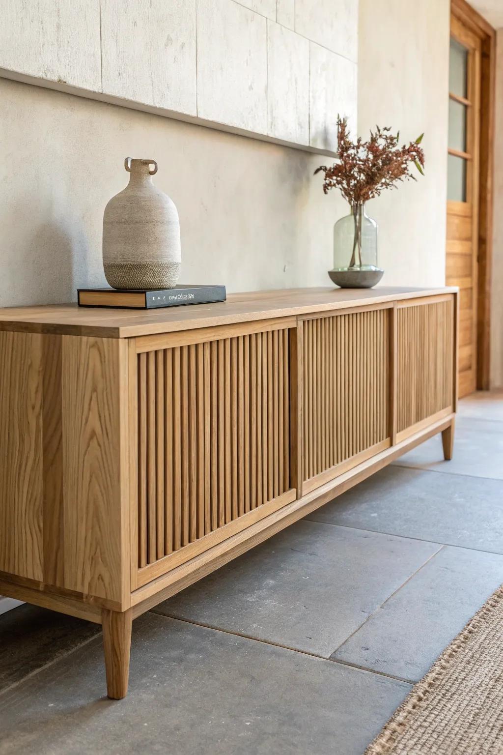 Low oak media console with slatted doors—airy, projector-friendly, and beautifully minimal.