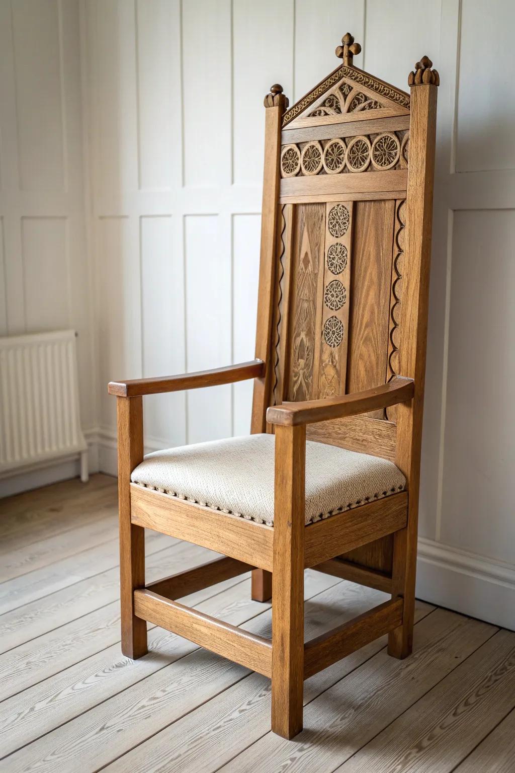 A Scandinavian take on a medieval throne chair—arched back, carvings, and warm oak.
