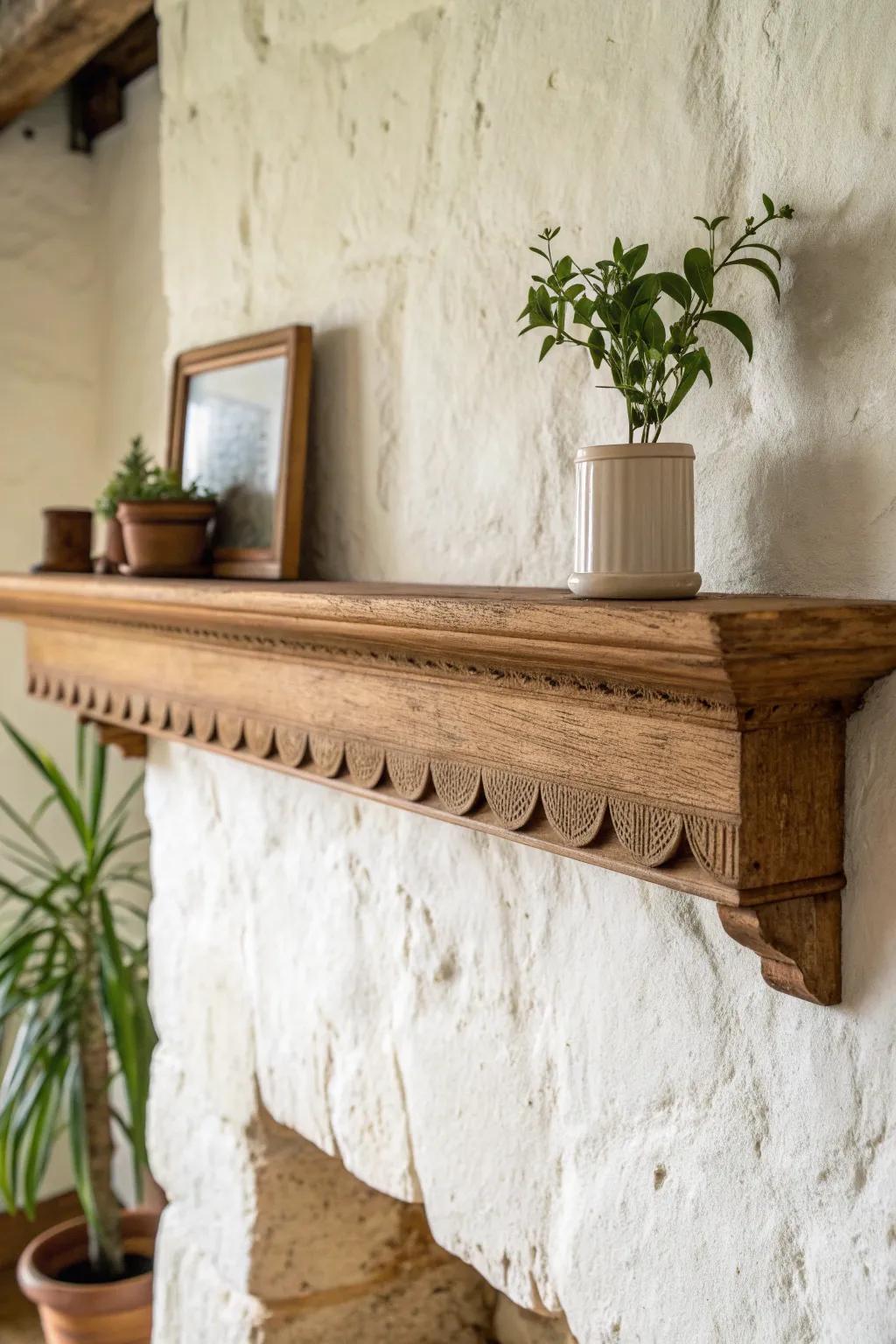 A thick carved oak mantel shelf—linenfold grooves and rosettes for quiet medieval charm.