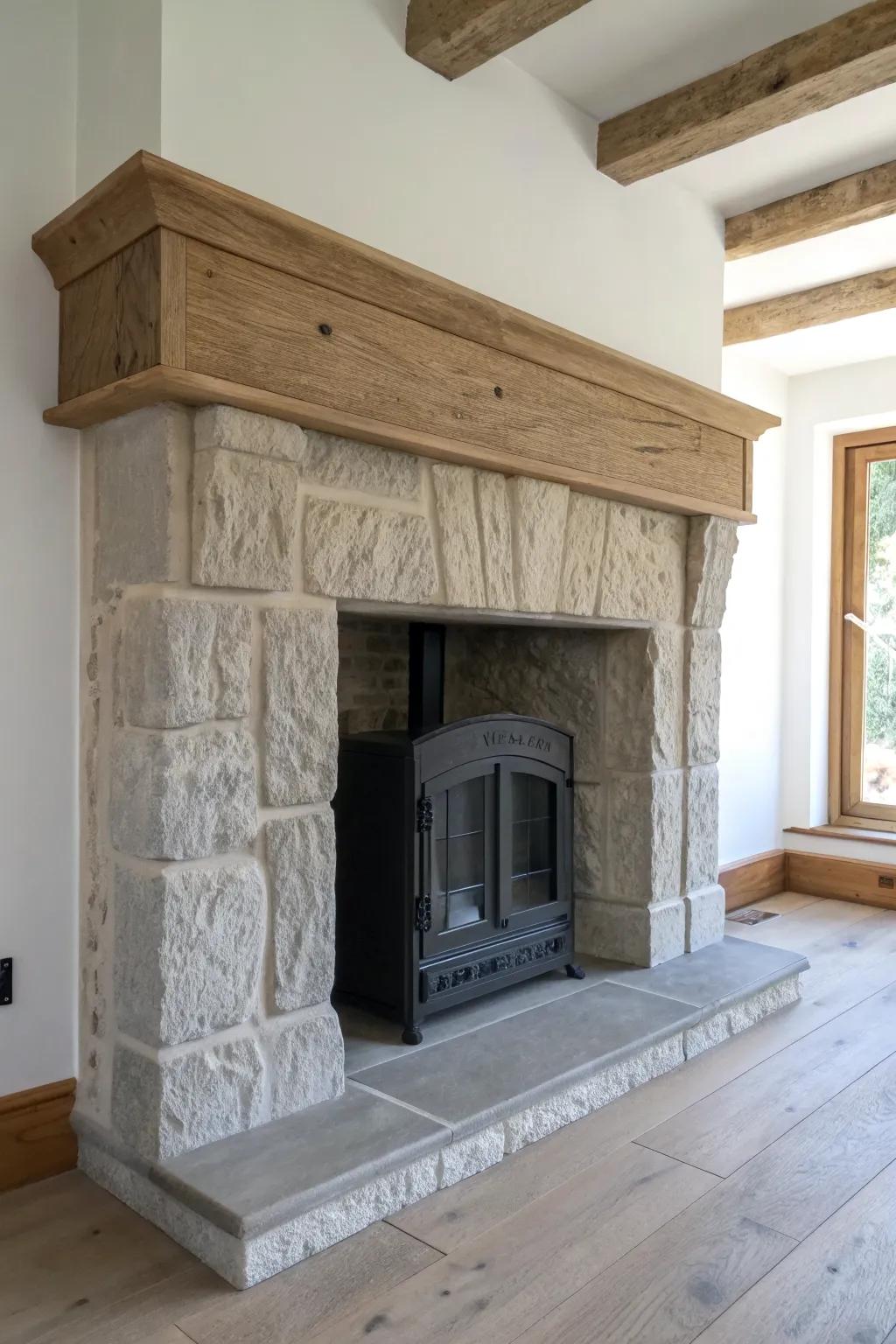 Chunky oak mantel + stone-look surround: modern Scandinavian calm with medieval hearth vibes.