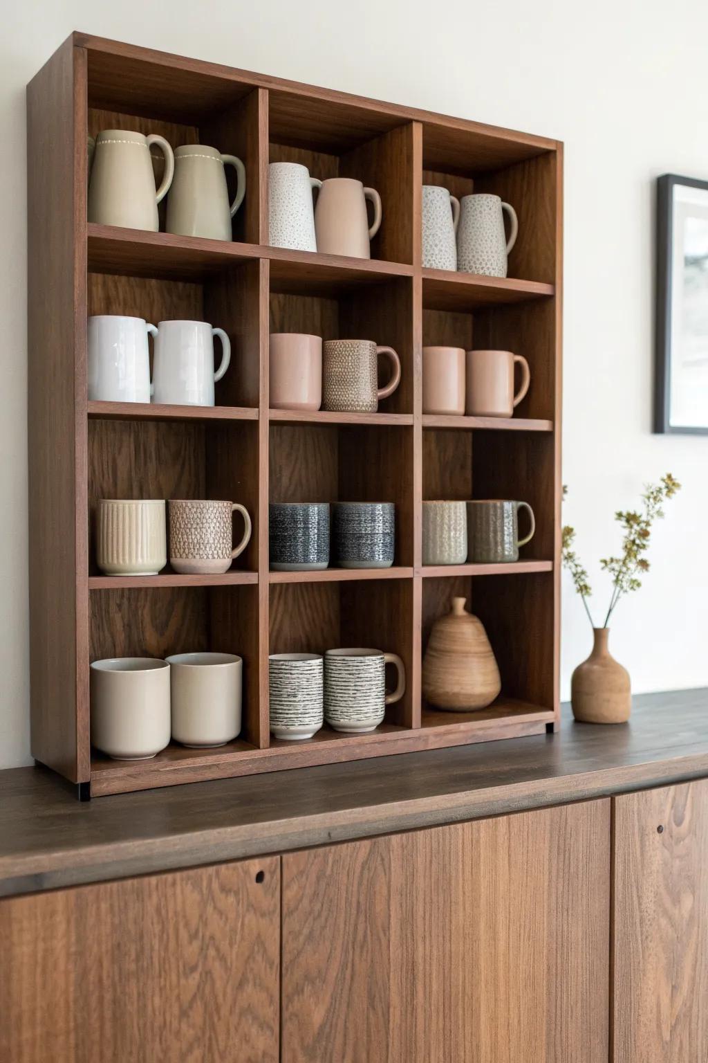 Open walnut cubbies turn a curated ceramic mug collection into a tidy, luxe coffee moment.