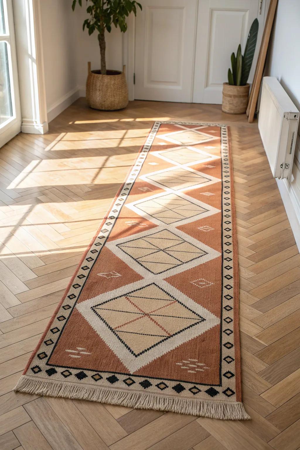 A bold geometric runner brings mid-century intention and warmth—plus it hides daily dirt beautifully.