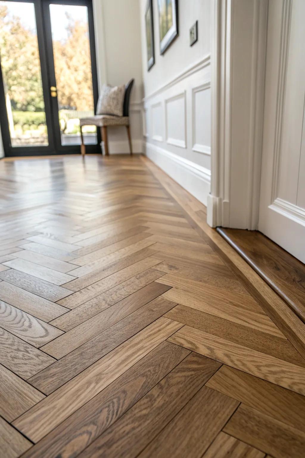 Warm oak herringbone parquet: a mid-century statement that makes any entryway a wow moment.