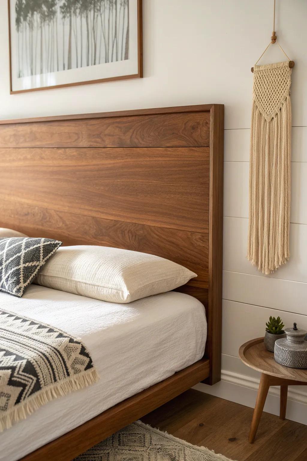 Floating walnut headboard panel with a clean shadow gap—mid-century warmth, minimal and airy.