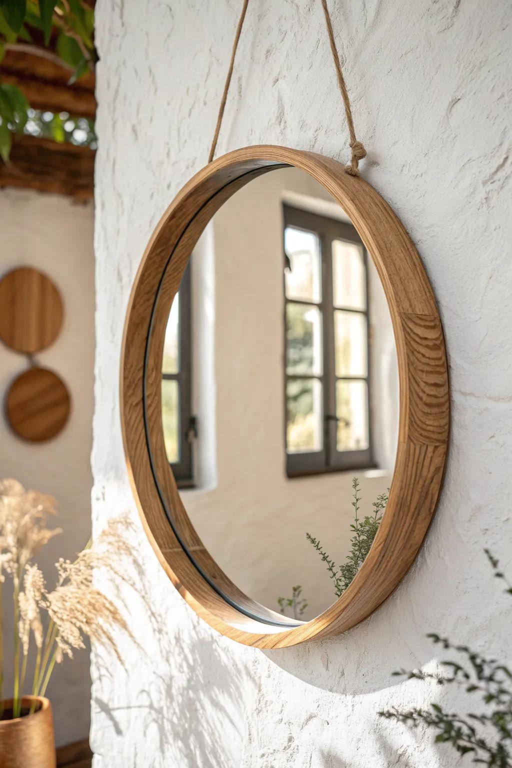A slim oak round mirror adds soft curves and brightens mid-century walls above a credenza.