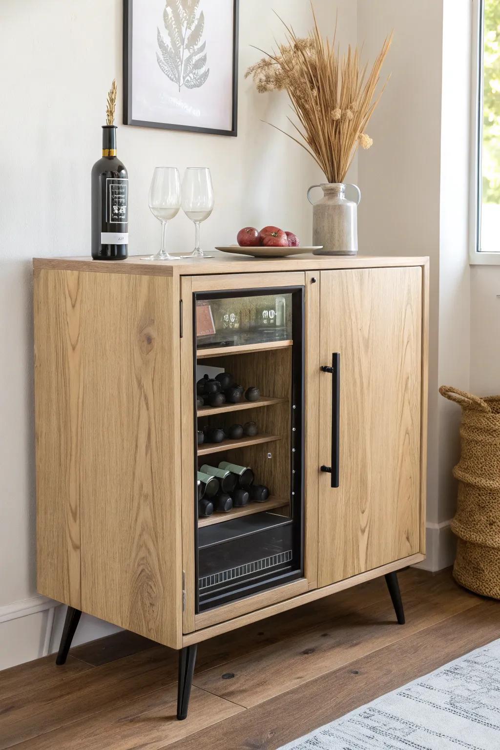 Light oak mini bar cabinet with a built-in fridge bay—sleek, airy, and beautifully furniture-like.