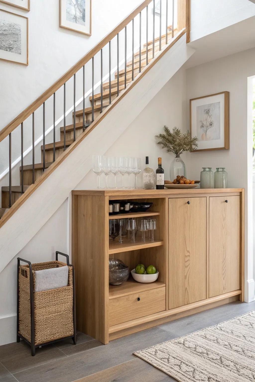 Turn under-stair dead space into a dreamy oak built-in mini bar with shelves and a tiny counter.