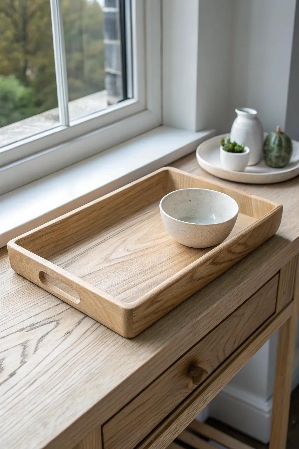 One oak catchall tray + a tiny dish keeps keys and mail tidy—minimal, calm, beautiful.
