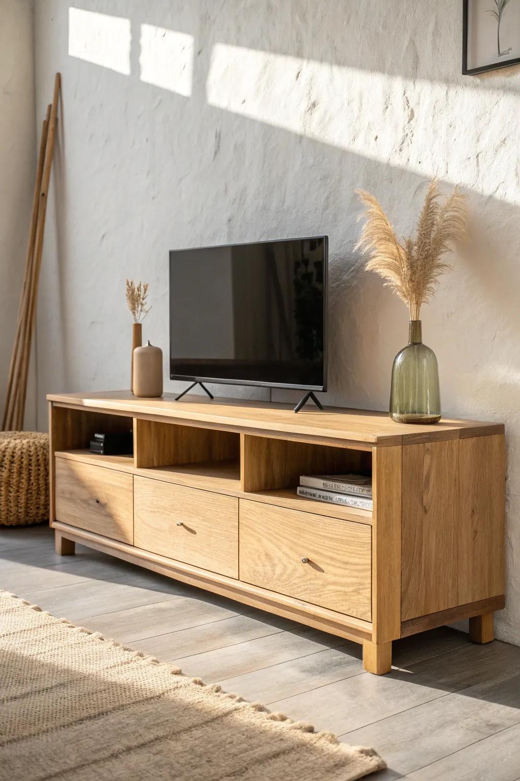 Handle-free oak drawer base TV stand—clean lines, hidden pulls, calm minimalist storage.