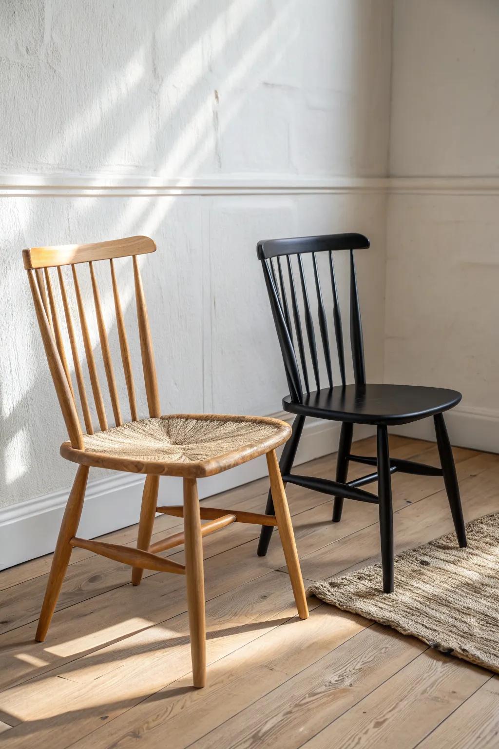 Two styles, one look: pair chairs two-by-two for a mismatched set that feels designed.