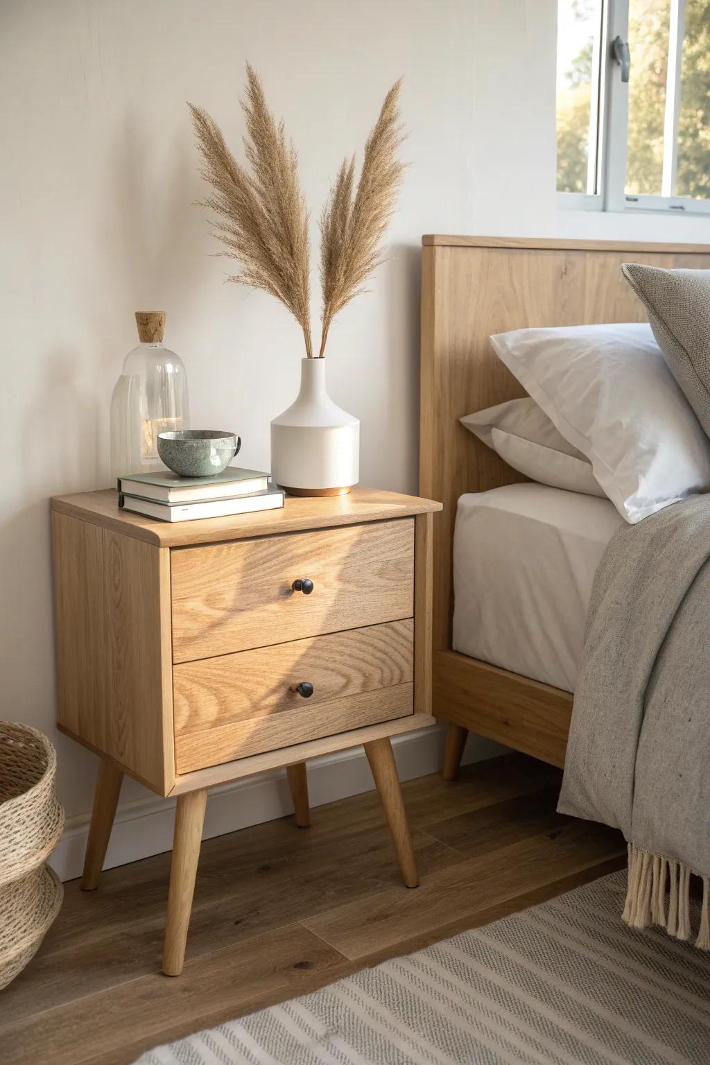 One sturdy drawer unit + one airy leggy table—mismatched nightstands that feel light and styled.