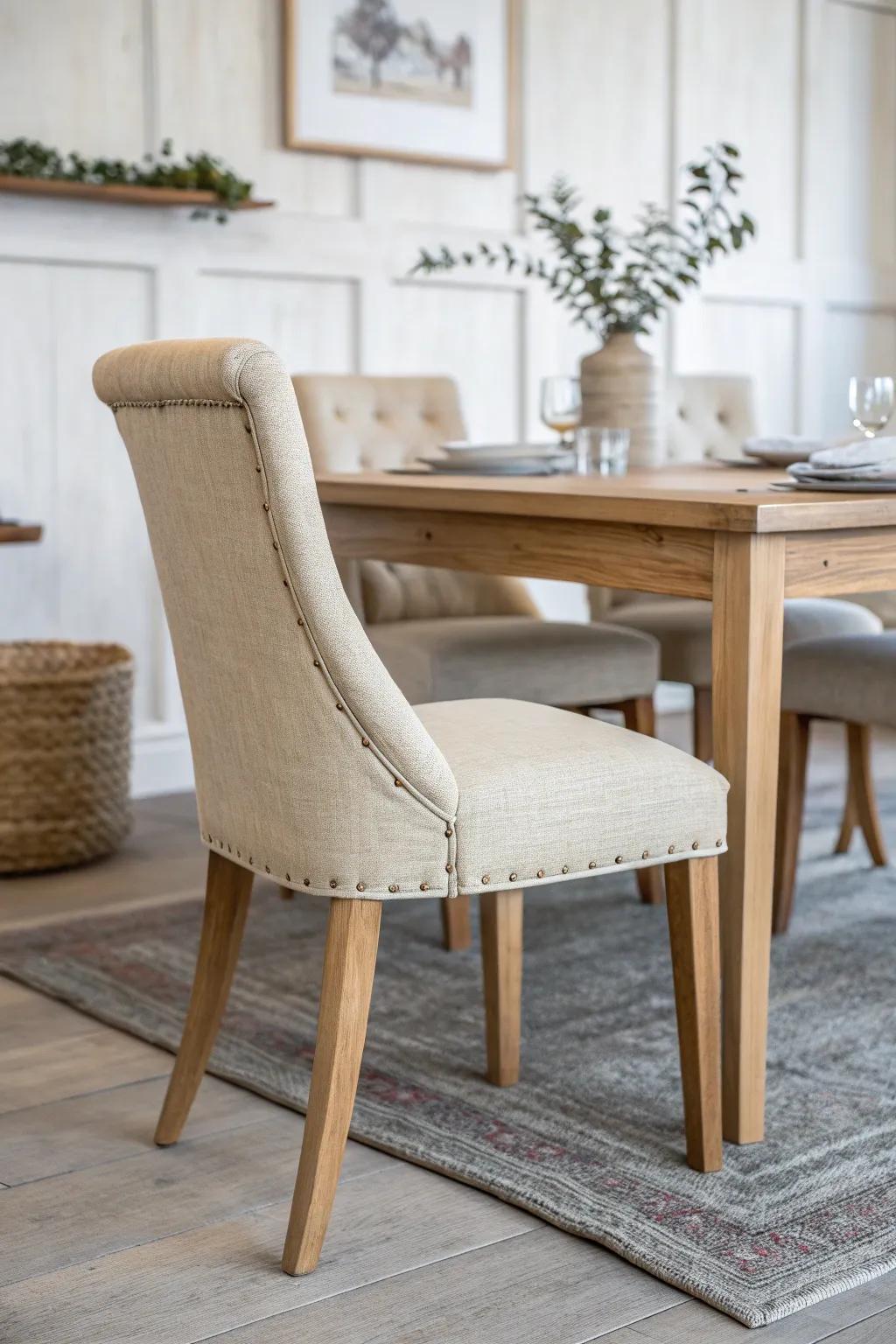 Upholstered end chair + clean wooden sides: a cozy mix that keeps your table light.