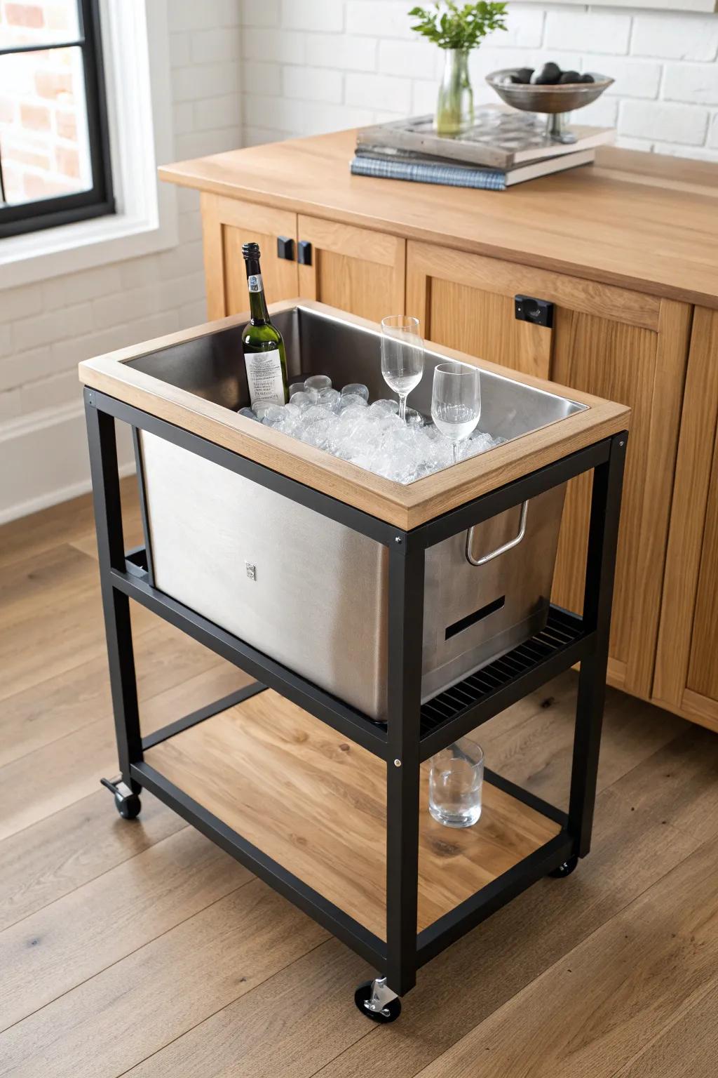 Minimalist oak bar cart with built-in ice bin—beautiful, practical, ready to roll.