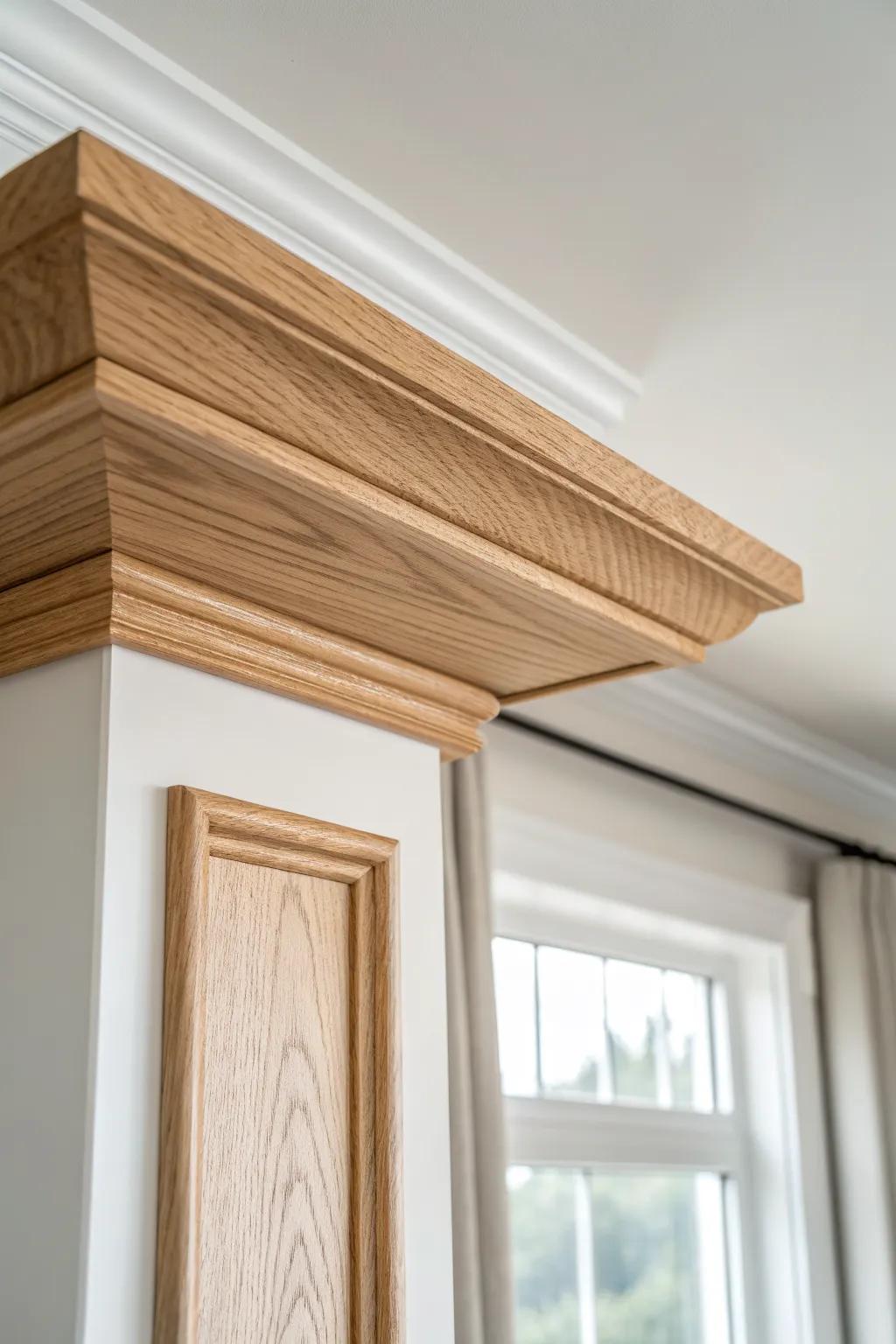 Natural oak crown molding adds a clean, finished ceiling line—simple, airy, and polished.