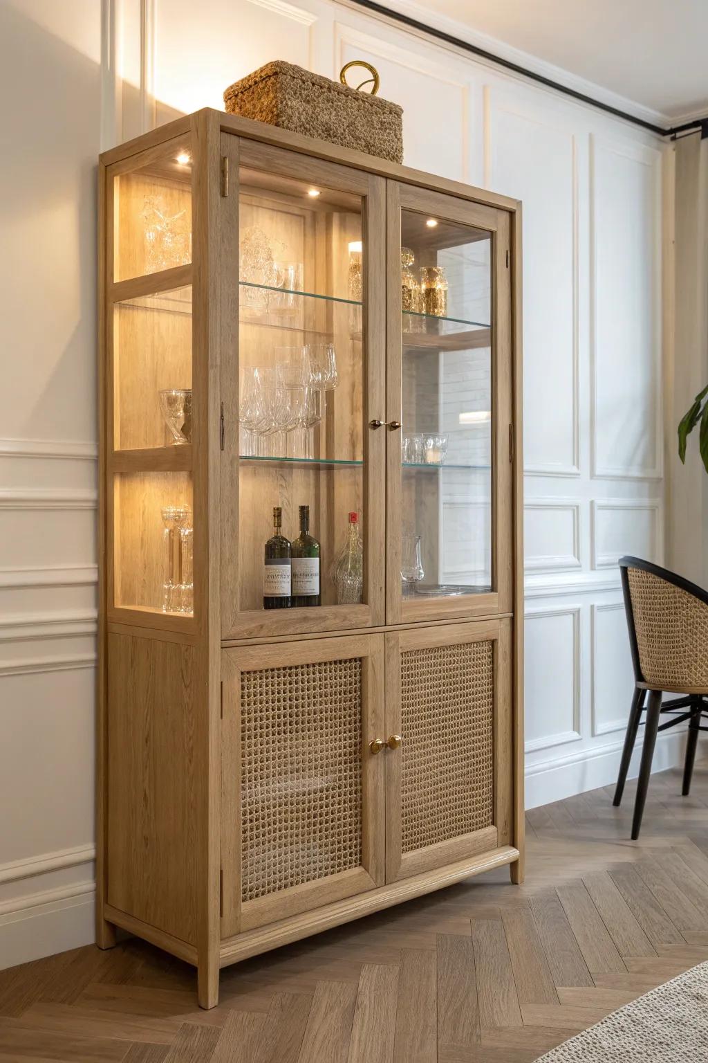 Glass-front bar cabinet with warm interior lighting—turn bottles and vintage glassware into decor.