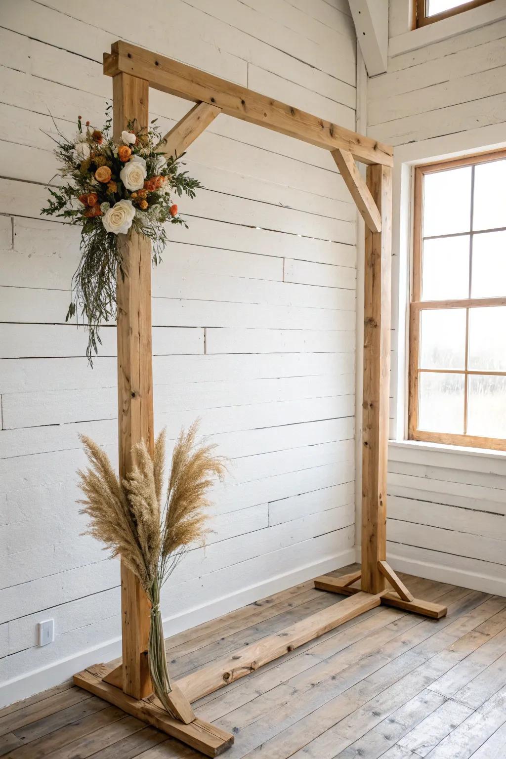 Minimal reclaimed-wood ceremony arch with modern angles and airy asymmetrical florals