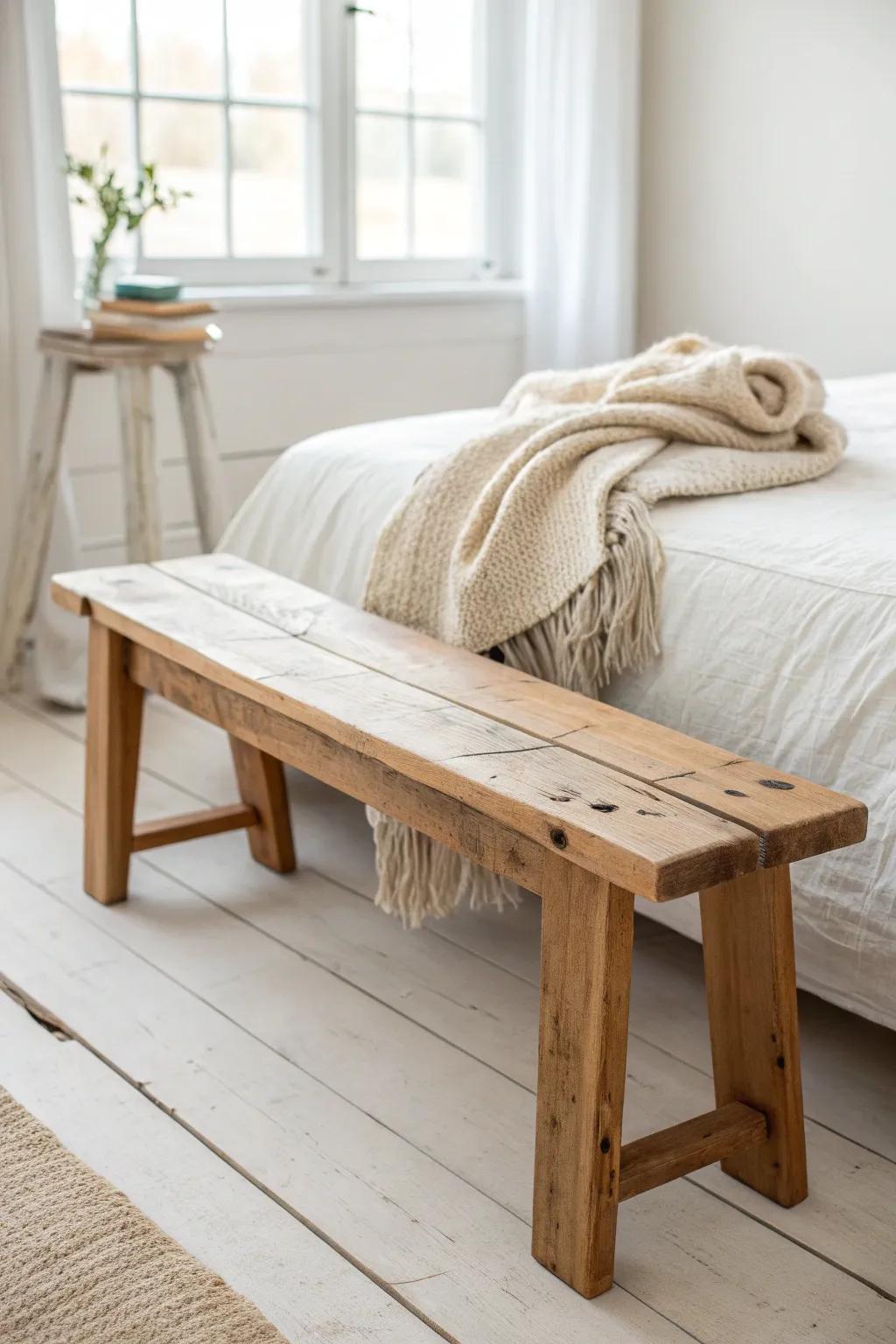 A minimalist salvaged-wood bench that adds cozy boho function at the foot of the bed.