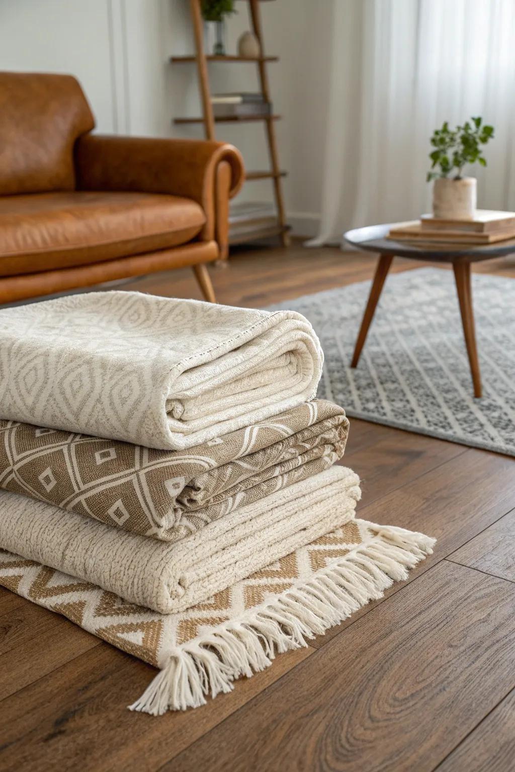 Layer a big neutral base rug with a patterned topper for instant cozy depth in brown rooms.