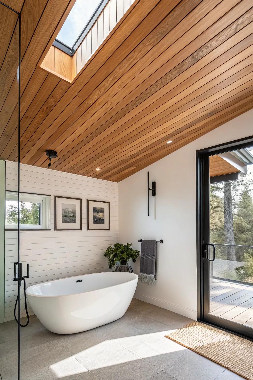 Warm cedar ceiling + clean trim = instant sauna vibe and boutique‑spa calm at home.