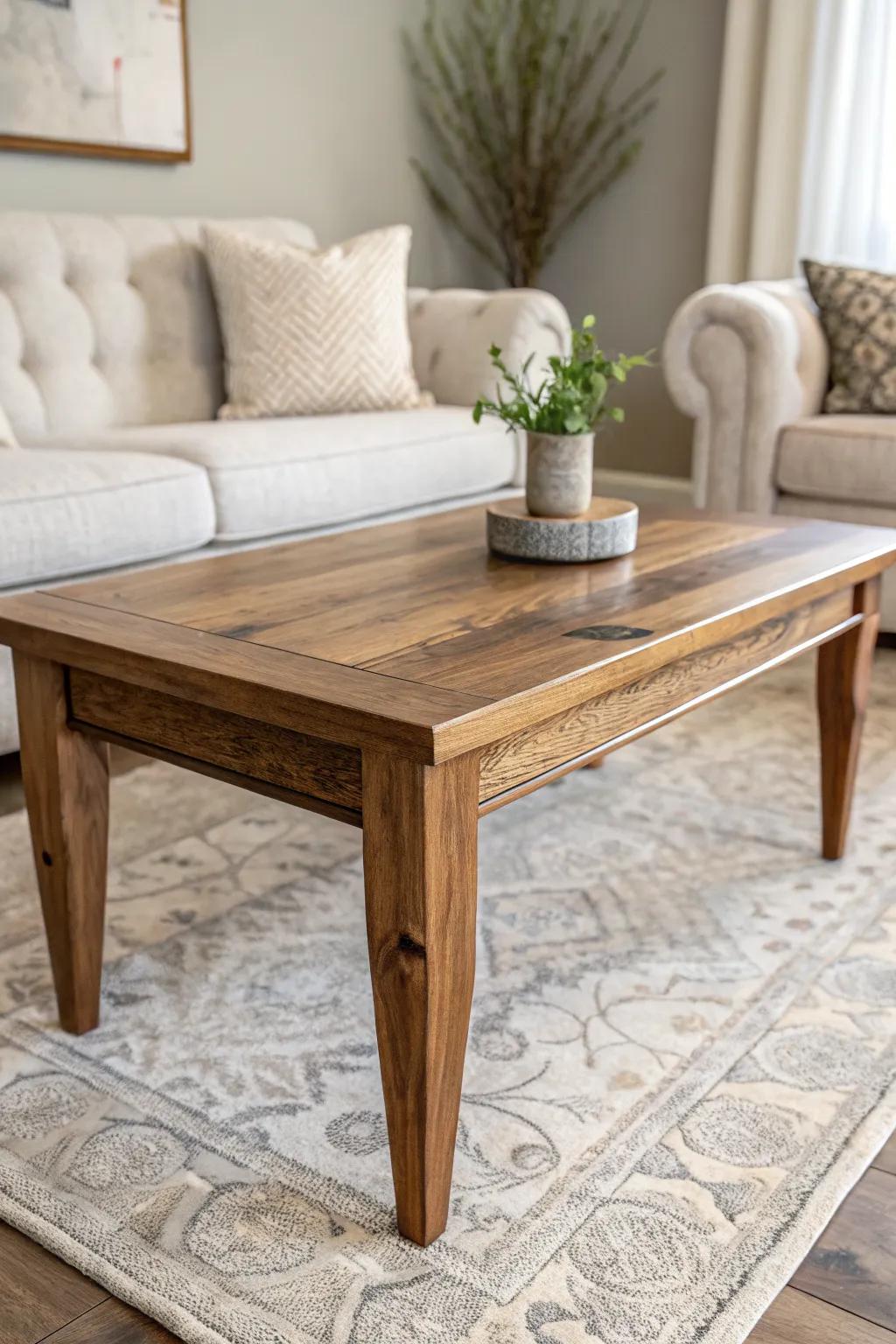 A solid wood coffee table grounds modern classic style with warm, timeless craftsmanship.