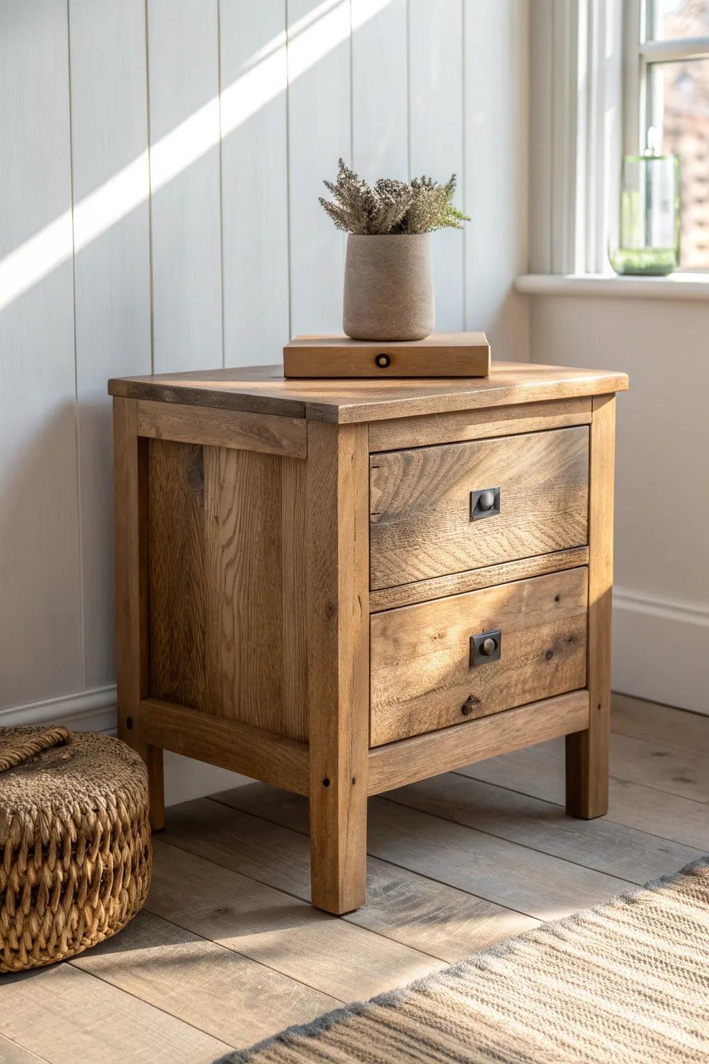 Chunky reclaimed-wood nightstand with clean lines—modern cottage warmth with minimal decor.