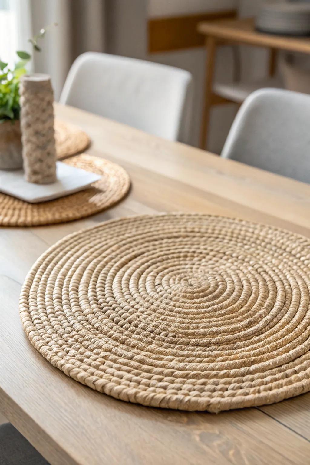 A single woven placemat adds instant warmth and texture to a sleek light-wood table.