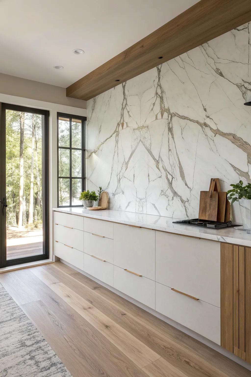 Full-height stone-look slab backsplash + warm oak detail for a modern farmhouse upgrade