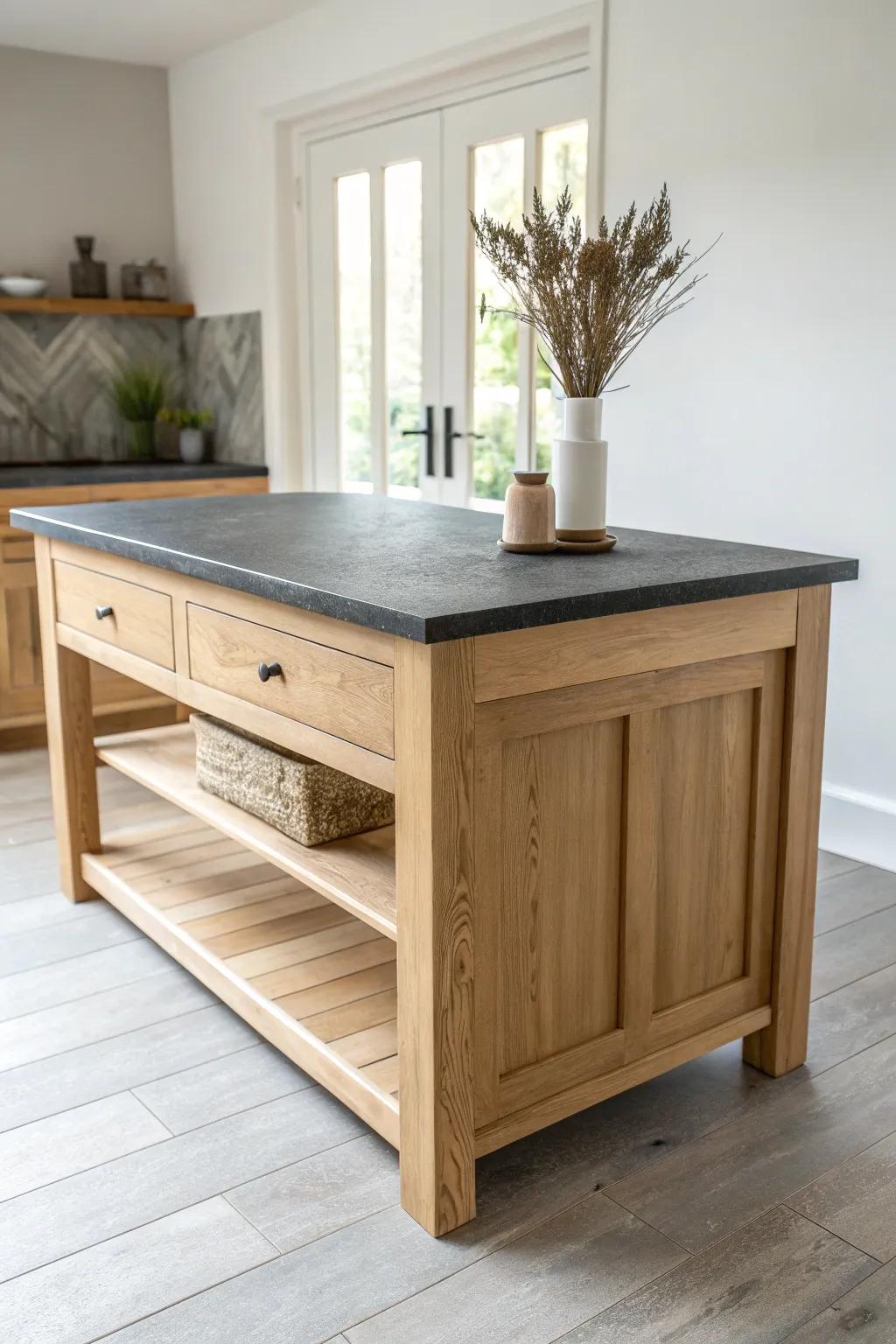 Honed dark stone paired with a light oak island top for cozy modern farmhouse contrast.