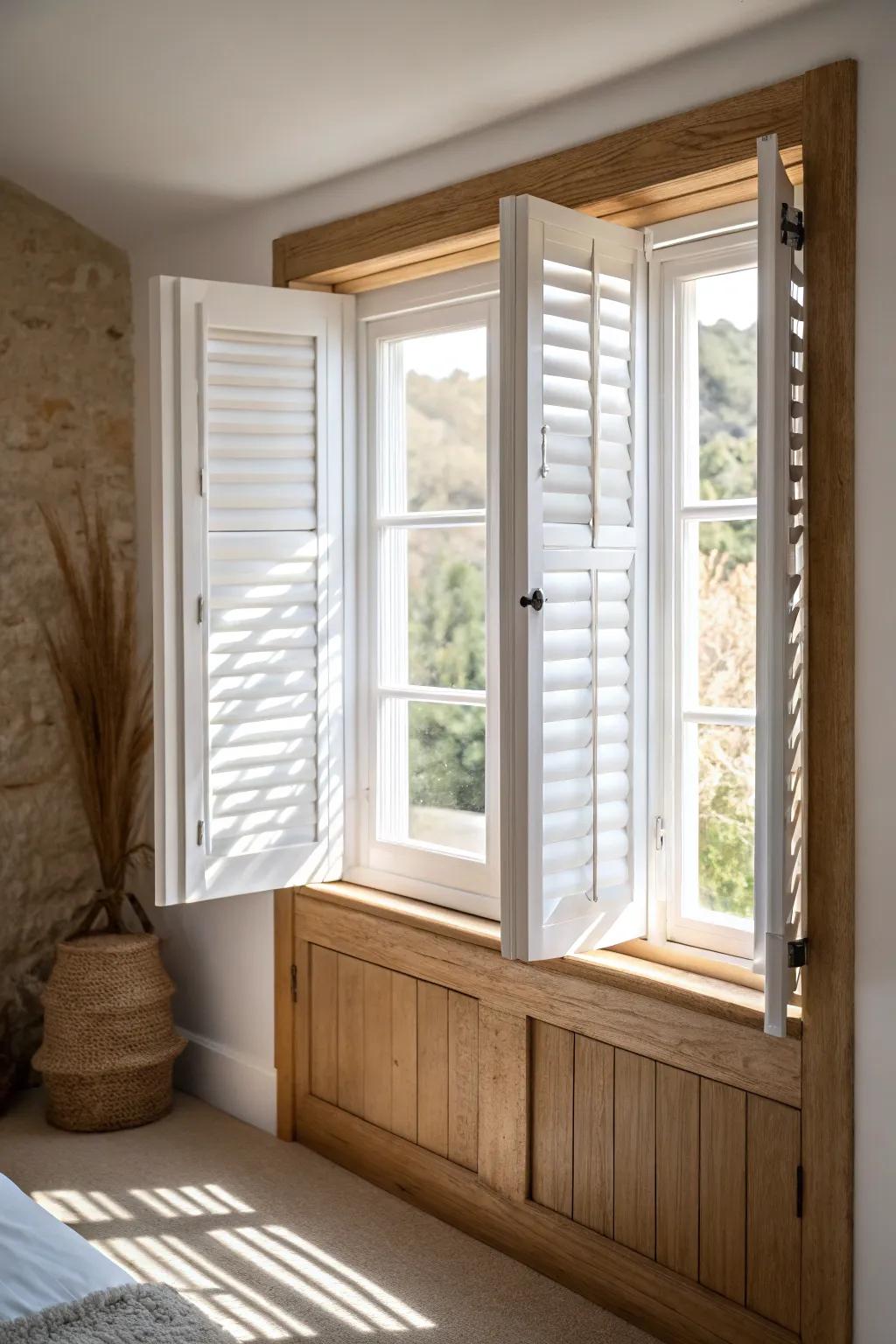 Crisp white interior shutters that brighten the room while adding clean modern farmhouse contrast.