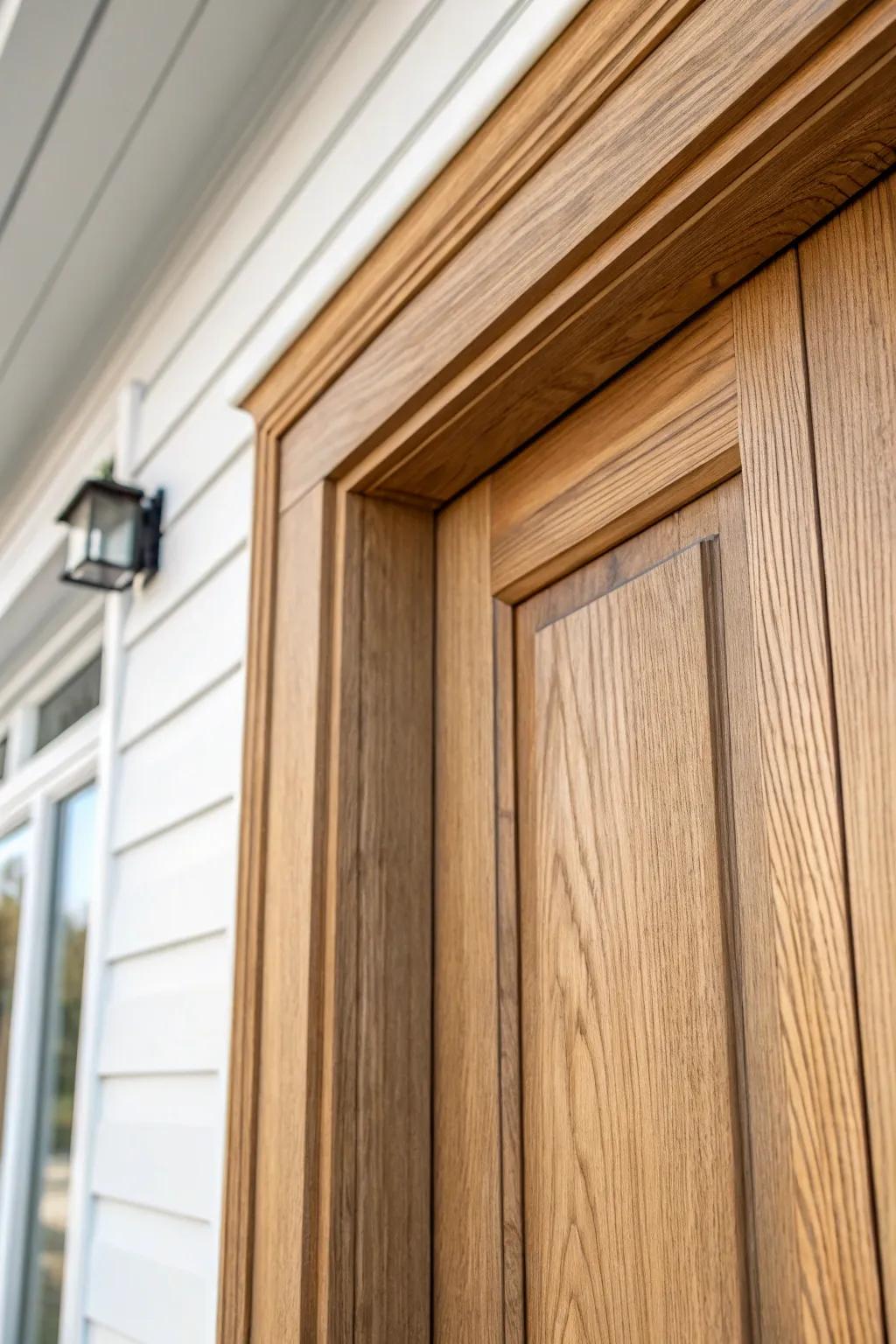 Warm reclaimed wood trim with clear-sealed grain—modern, cozy, and beautifully minimal.