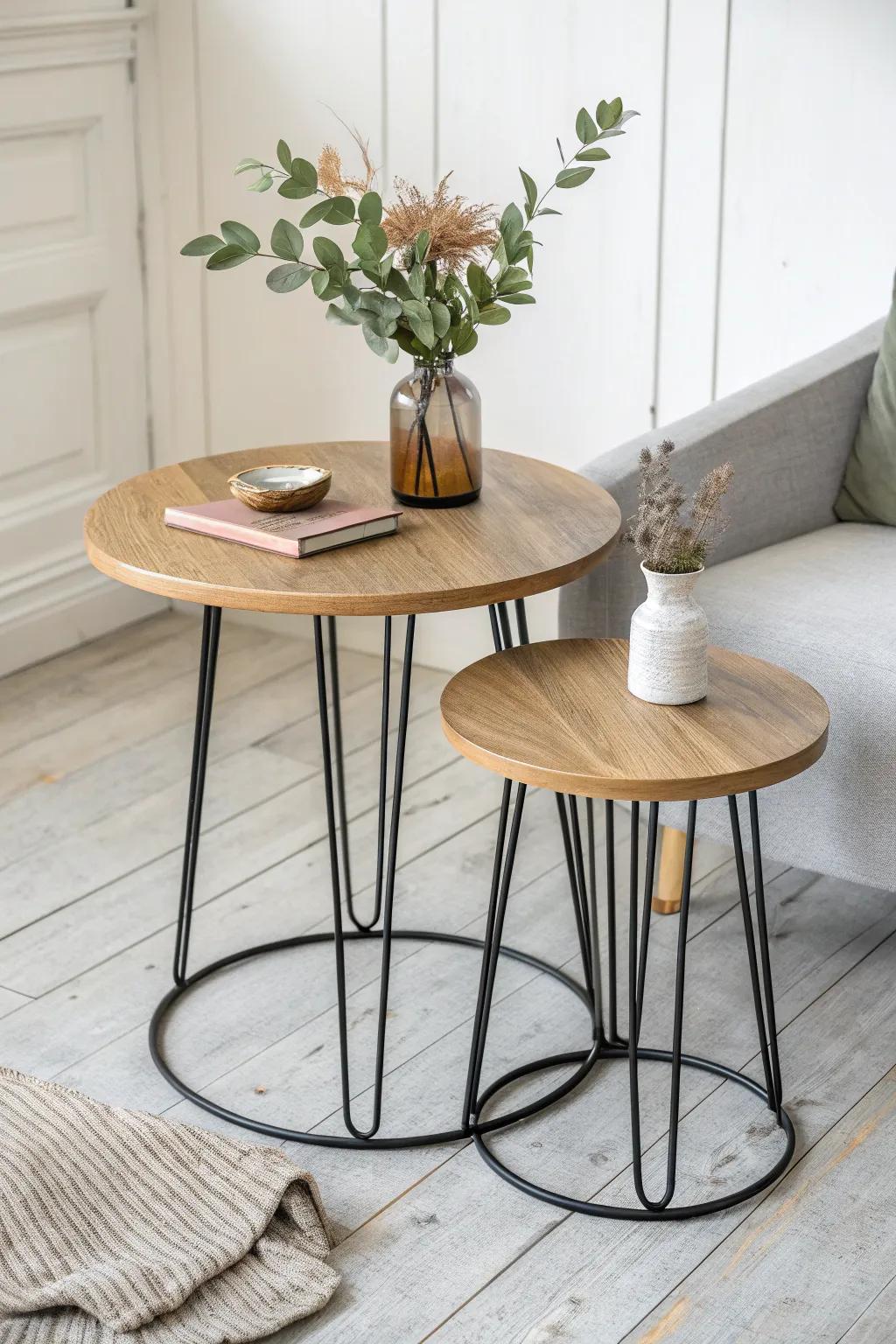 Light oak nesting tables: modern, space-saving style with clean lines and flexible function.
