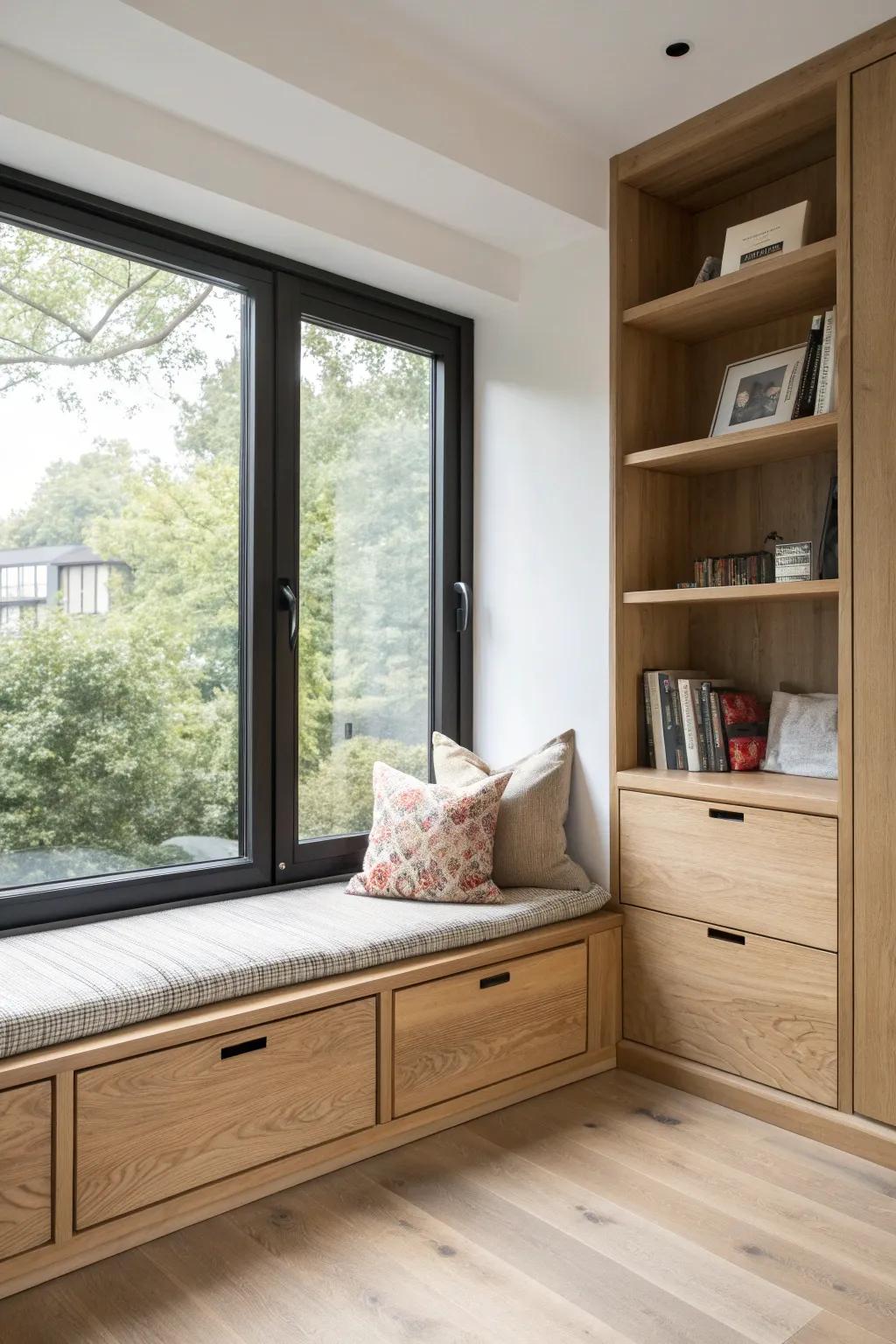 A cozy window-seat library nook with oak drawers and shelves—minimal, warm, and handmade.