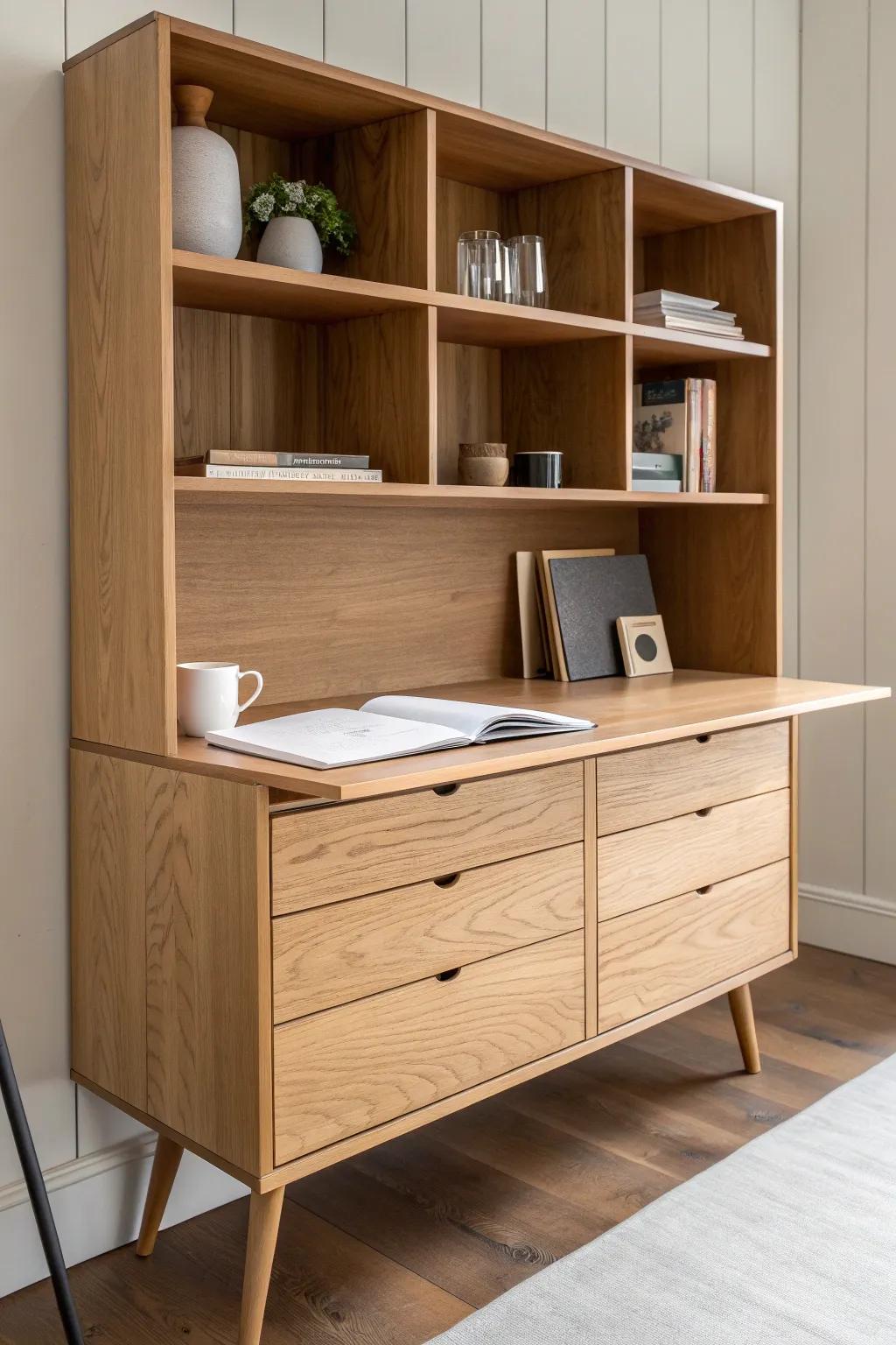 A seamless built-in desk wall: warm plywood, hidden storage, and a magazine-clean workspace.