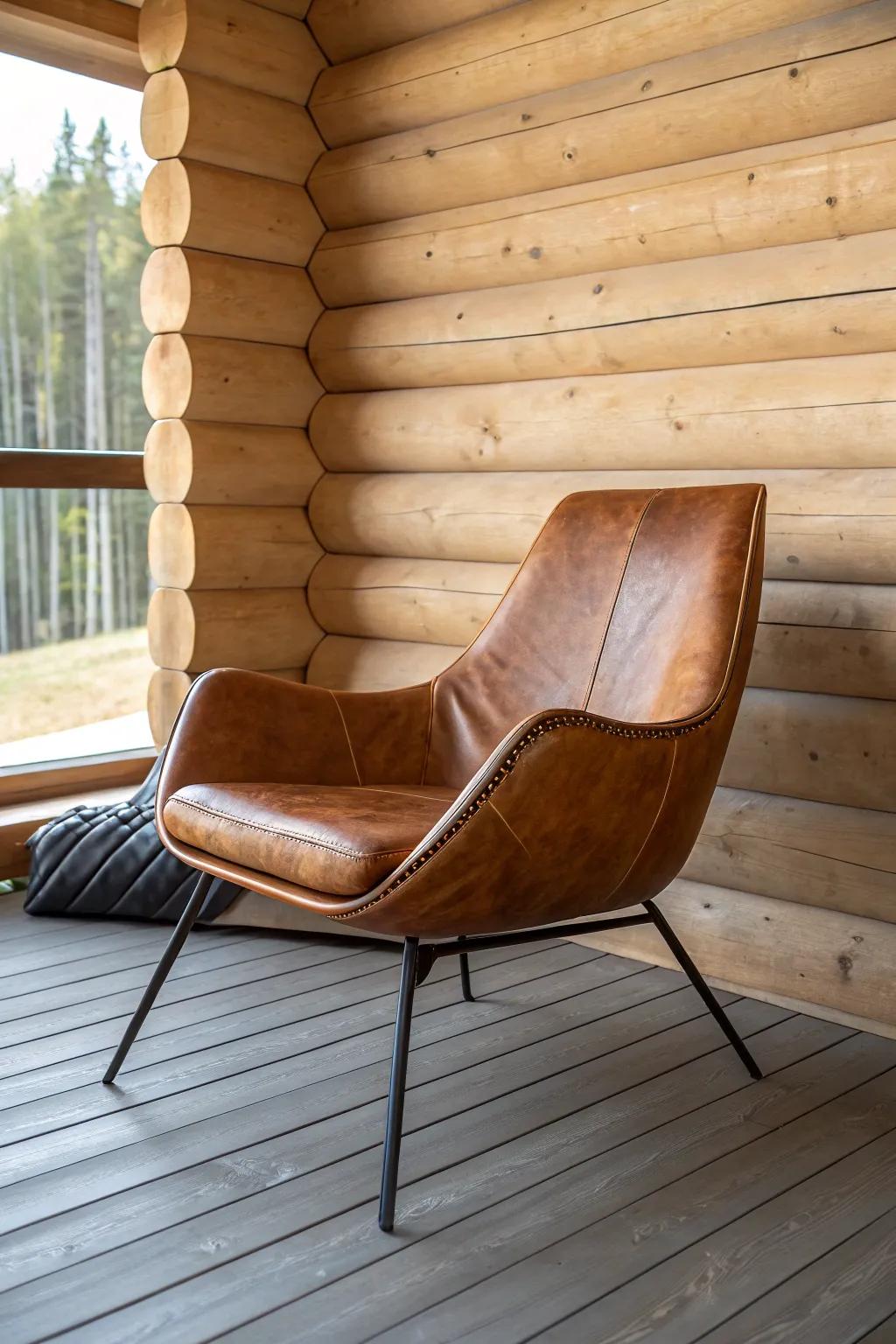 A cognac leather chair adds sleek warmth and contrast to modern log cabin decor.