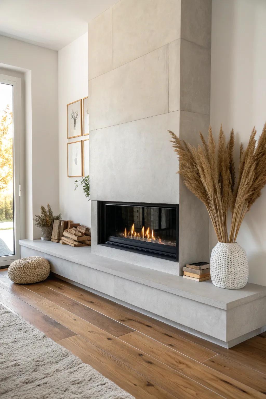 A sleek floating stone hearth that feels ultra-luxe—minimal, warm, and beautifully architectural.