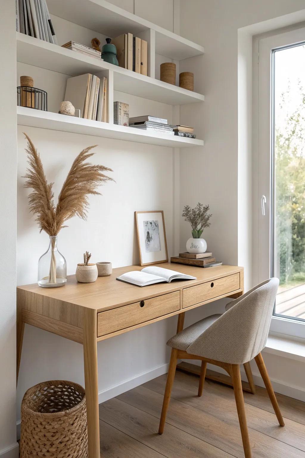 A slim built-in oak desk with airy open shelves—modern, light, and beautifully custom.