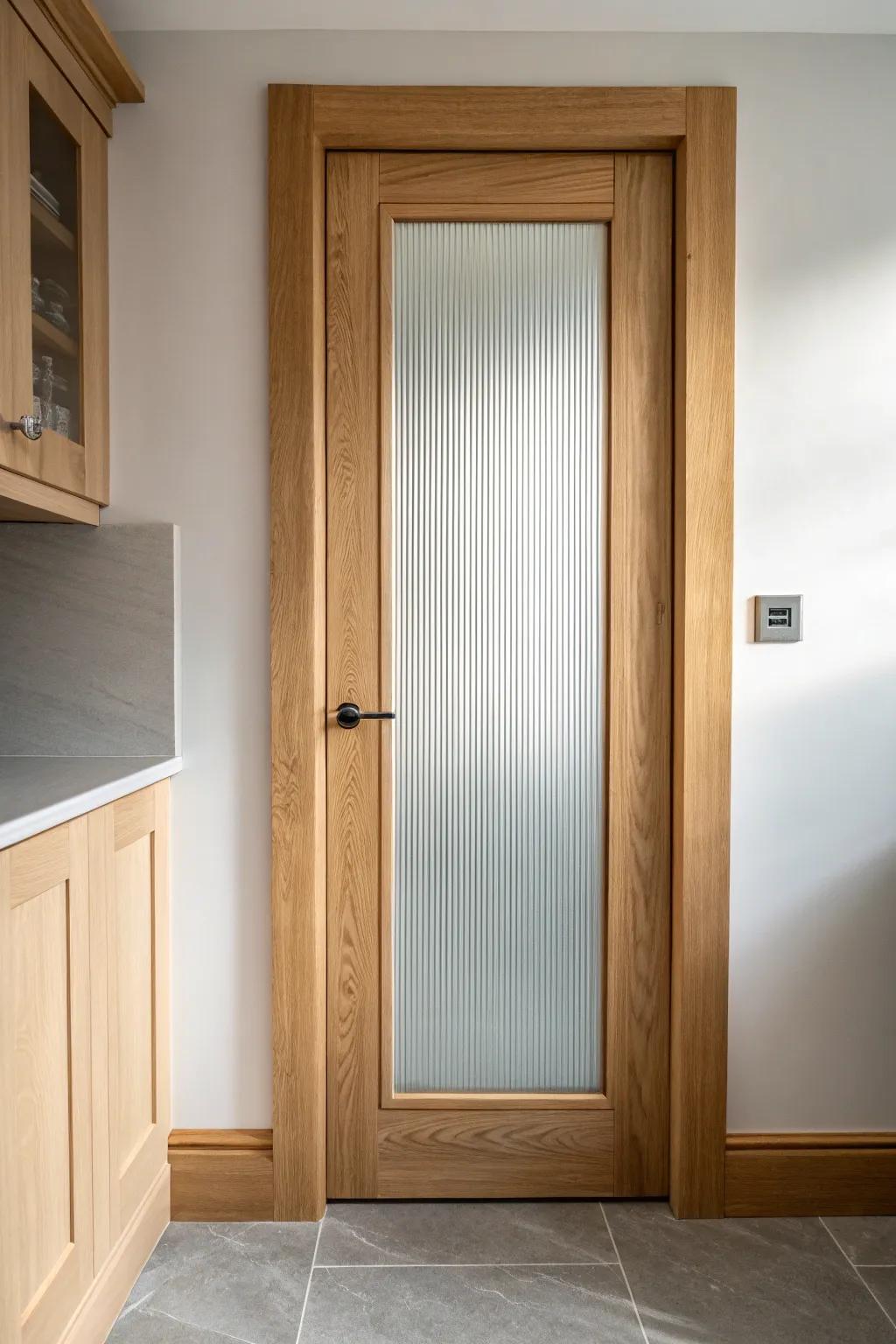 Light oak pantry door with reeded glass—minimal, warm, and quietly designer.