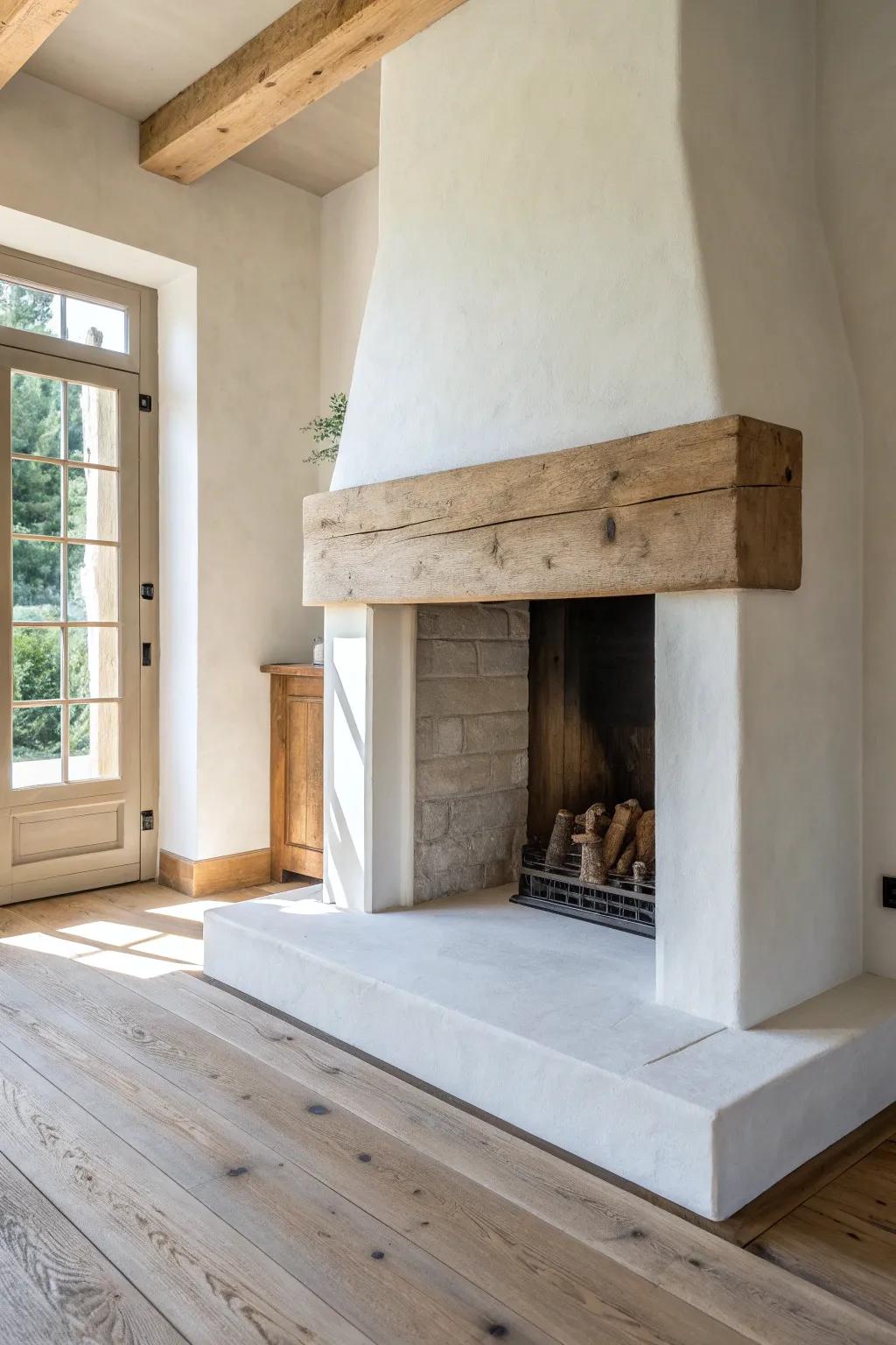 Modern plaster fireplace meets a reclaimed timber mantel—clean lines, warm rustic charm.