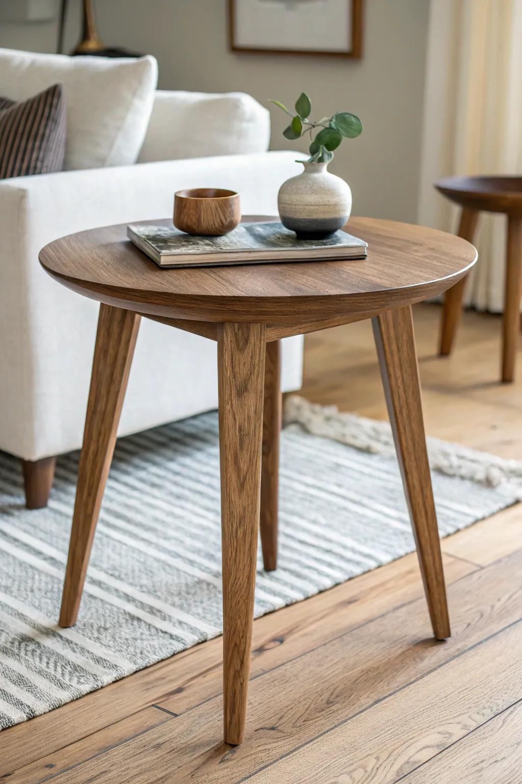 Symmetry with a subtle twist: one handcrafted wood detail keeps the room relaxed.