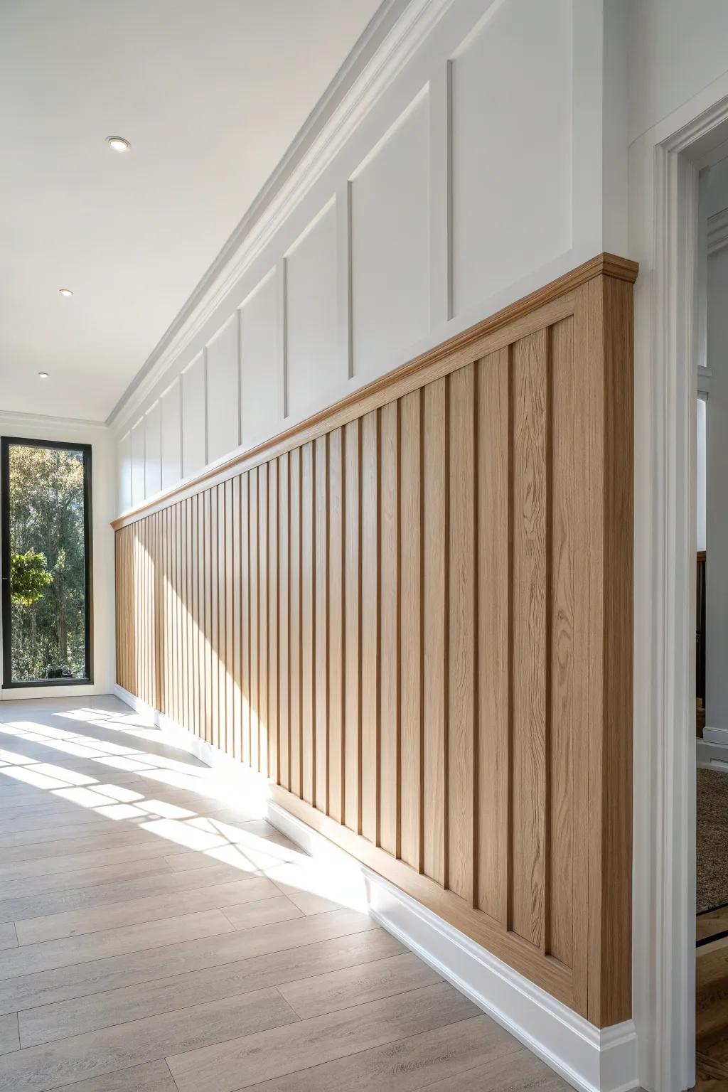 Skinny vertical slat molding creates a sleek, taller feel—clean lines with warm wood texture.