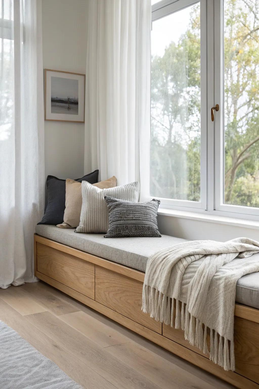 Daybed-deep oak window seat with one long cushion—modern lounging in soft Scandinavian calm.