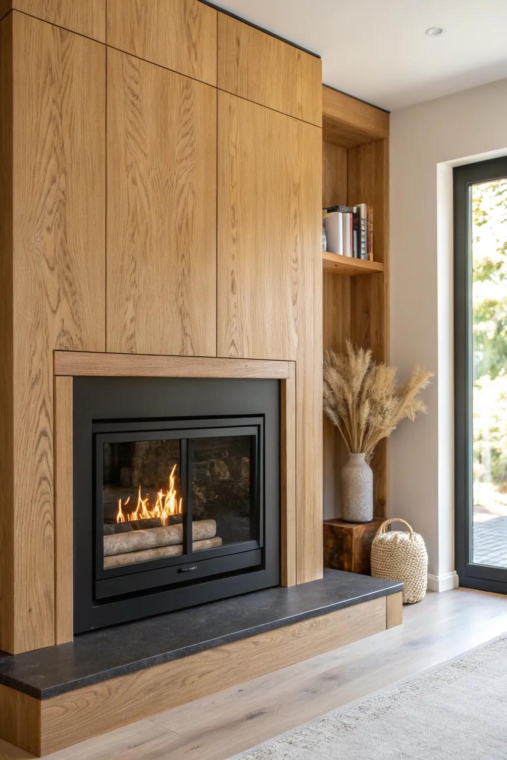 Matte black frame meets warm oak surround—modern lines with a cozy, crafted glow.