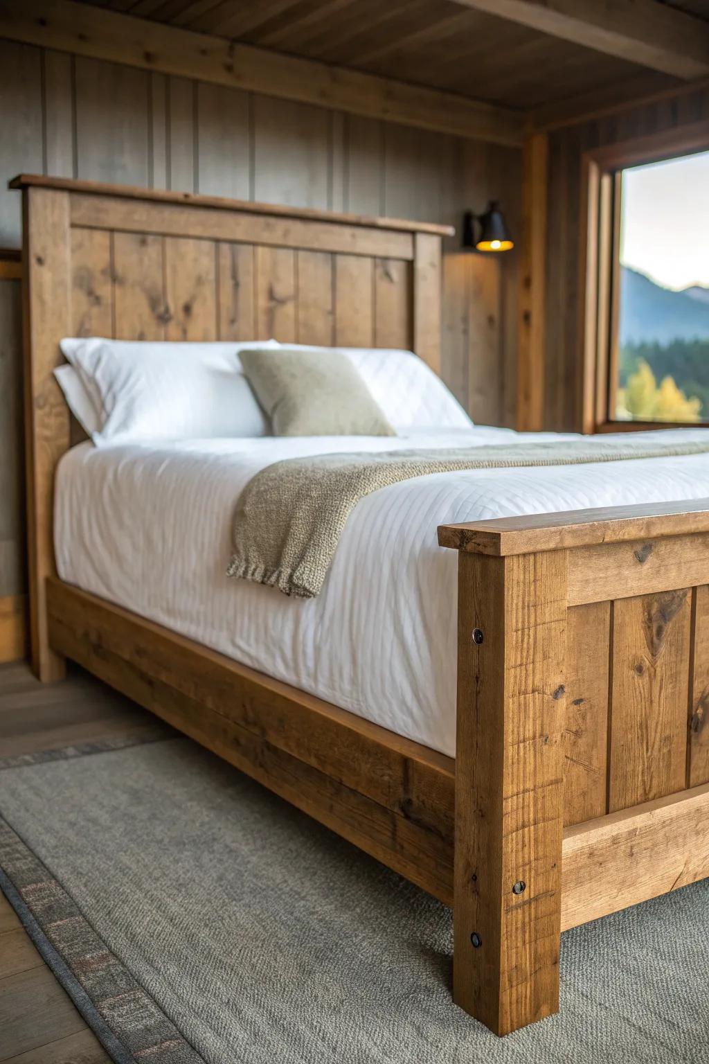 A chunky solid-wood platform bed that anchors a cozy, minimalist mountain bedroom.
