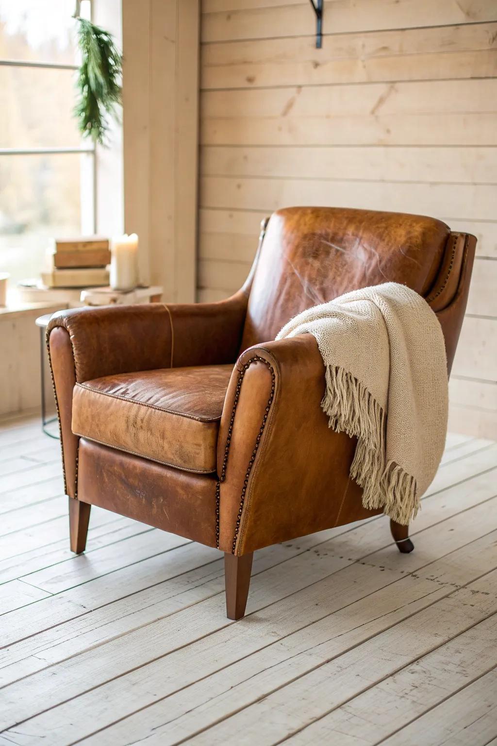 A worn-in leather chair + soft wool throw brings grounded, cozy mountain cabin character.