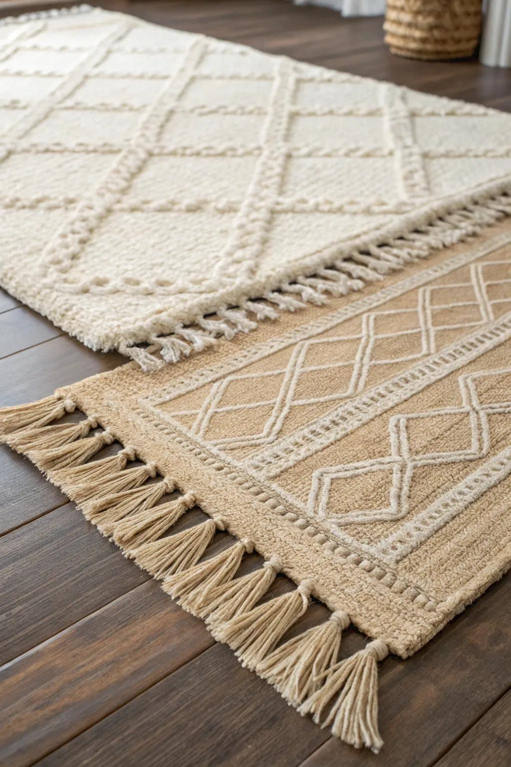 Layer a soft wool rug over natural jute to make an open mountain cabin feel instantly cozy.