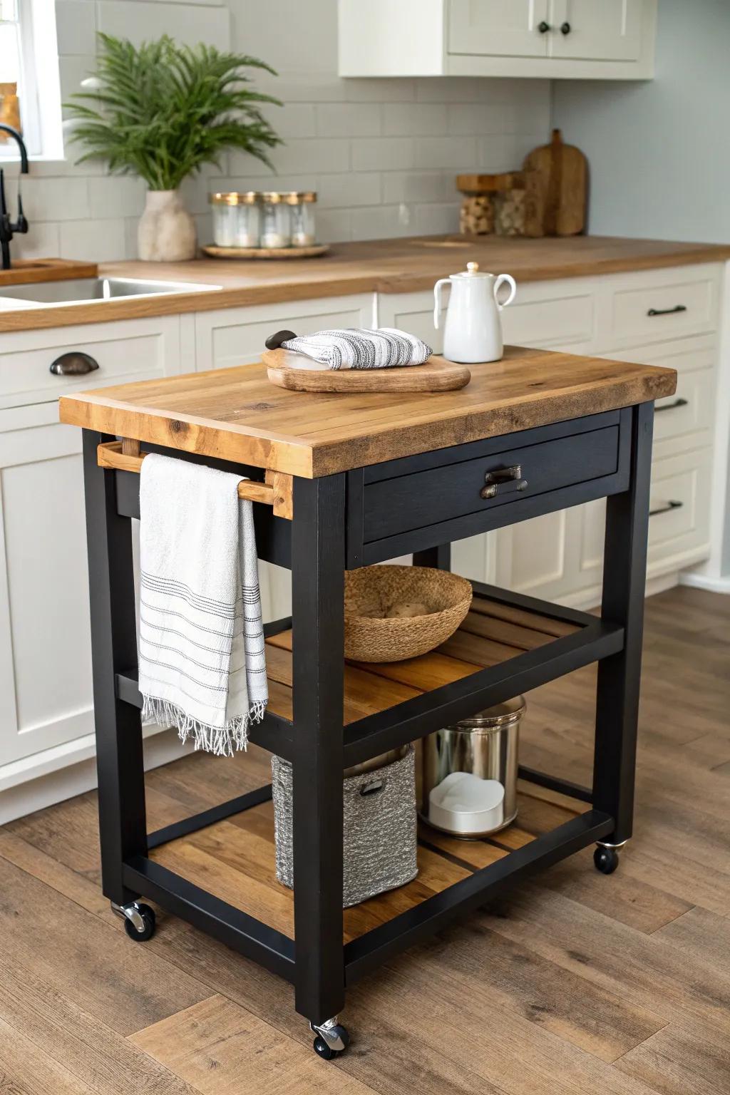 Reclaimed wood top + painted base: a custom-looking movable island with cozy grain and contrast.